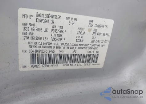 2005 Dodge Durango Slt из США, поврежденный, VIN 1D4HB48N25F512435